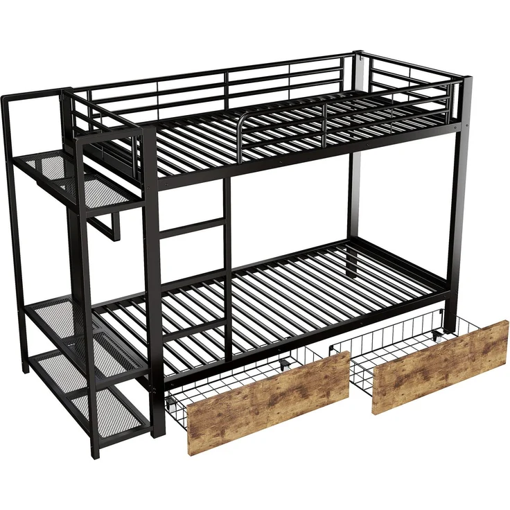 Etagenbett mit Schubladen, RGB LED-Streifen, Kleiderstange, Regal, Lattenrost und Leiter, 90x200 cm, Kinderbett mit Rausfallschutz, Metallbett – Bild 8