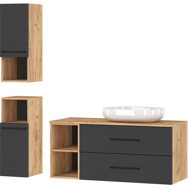 Planetmöbel Badmöbel Komplettset Badmöbel Komplettset 4-teilig 120cm mit Aufsatzwaschbecken und 2X Midischrank, in den Farben Gold Eiche/Anthrazit