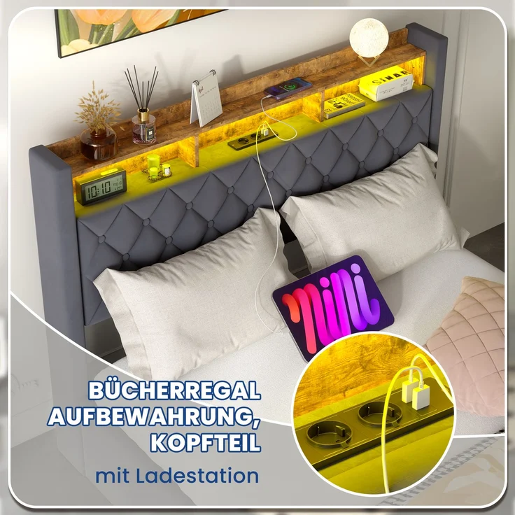 Luxuriöses Polsterbett 160x200 cm, Dunkelgrau Samt, hochelastische Polsterung, Lattenrost (ohne Matratze) – Bild 5