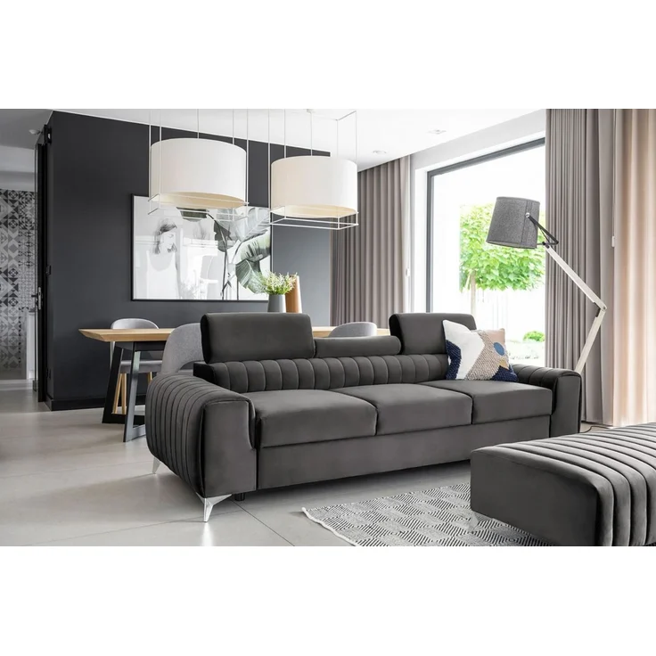 Sofa 3-Sitzer mit Schlaffunktion Schlafsofa ELENI Stoff Monolith Dunkelgrau – Bild 3