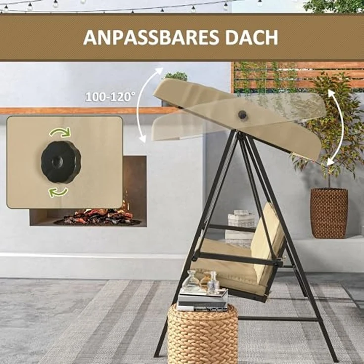 Outsunny Hollywoodschaukel Schaukelbank mit Verstellbarem Dach, Rückenkissen, 3-Sitzer, mehrfach verstellbares Dach, Gartenschaukel, 1 tlg, Schwingbank, bis 360 kg Belastbar, Beige, 200 x 125 x 175 cm – Bild 5