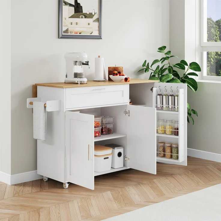 132.5*44(70)*90cm großer mobiler Küchentisch, Arbeitsplatte klappbar, Eiche Maserung, multifunktionaler Schrank, Gewürzregal, Handtuchhalter, 5 Rollen, geeignet für Küche/Essen/Haus – Bild 5