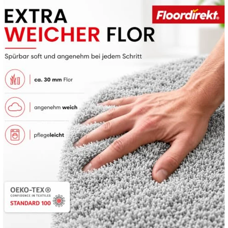 Floordirekt Badematte Sky, Hochflor Badezimmerteppich, rutschhemmend & schnell trocknend, geeignet für Fußbodenheizung, Silbergrau, 60 x 100 cm – Bild 2