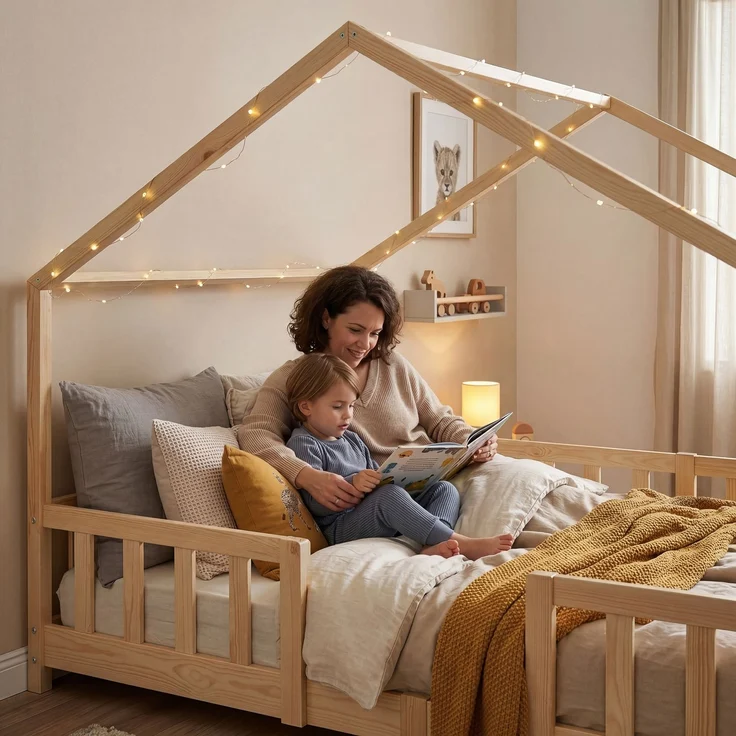 Kinderbett Treviolo 120x200 cm mit Kaltschaummatratze und Gitter Holz Natur [en. casa] – Bild 5