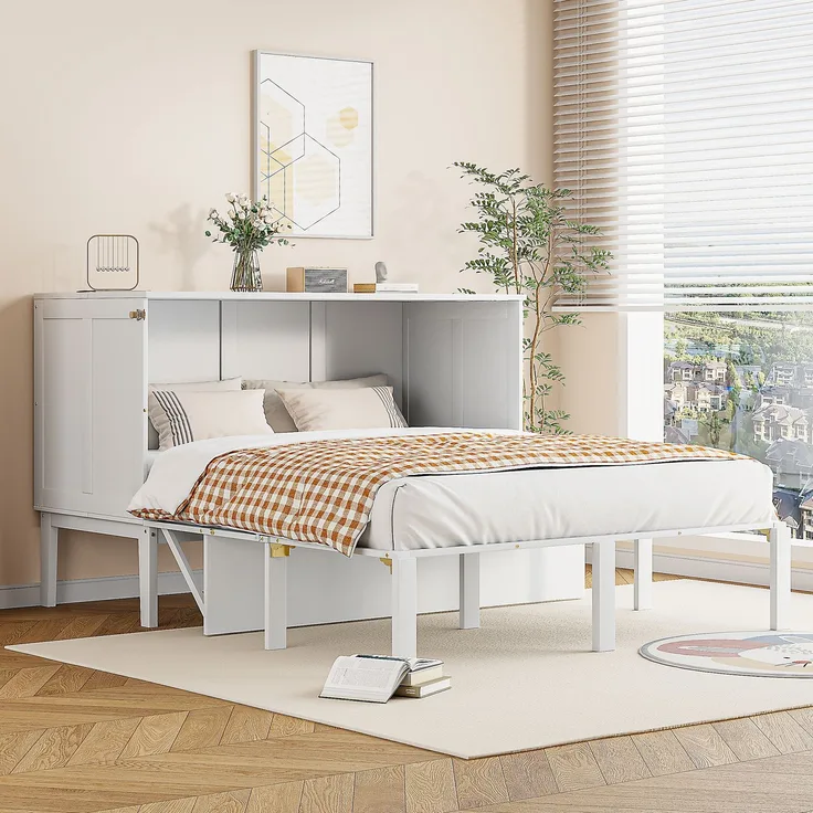 Novelux Schrankbett 140x200 cm vertikales Wandklappbett mit Lattenrost – Platzsparendes Jugendbett für kleine Räume, Holz & Metall, Weiß/Grau, bis 200kg