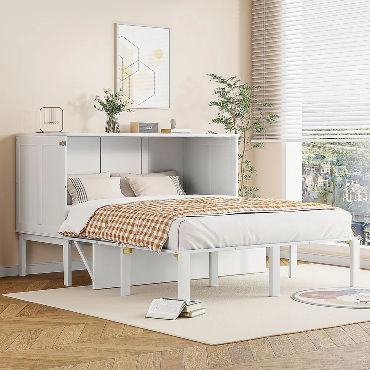 Novelux Schrankbett 140x200 cm vertikales Wandklappbett mit Lattenrost – Platzsparendes Jugendbett für kleine Räume, Holz & Metall, Weiß/Grau, bis 200kg – Bild 1