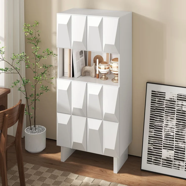 Vitrine Display Schrank Hochschrank Spanplatte Relief 4 Türen offenes Fach verstellbarer Boden Wohnzimmer Arbeitszimmer--Weiß--60.5x34x135.5cm--YOUDENOVA – Bild 6