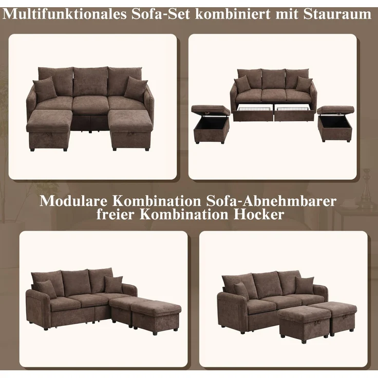 DESVIAE Sofa mit Schlaffunktion und Stauraum, Chenille, Braun, 188 x 186 x 86 cm – Bild 4