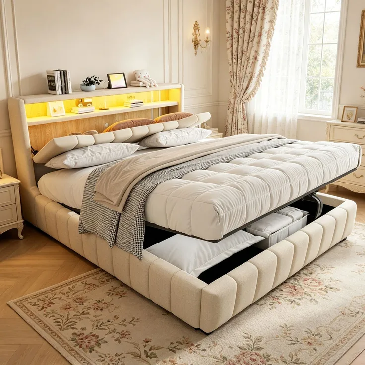 LVHOM Doppelbett 180 x 200cm mit Hydraulik und Stauraum, Funktionsbett mit LED & USB, Polsterbett mit Kopfteil-Fach, Leinen, Beige