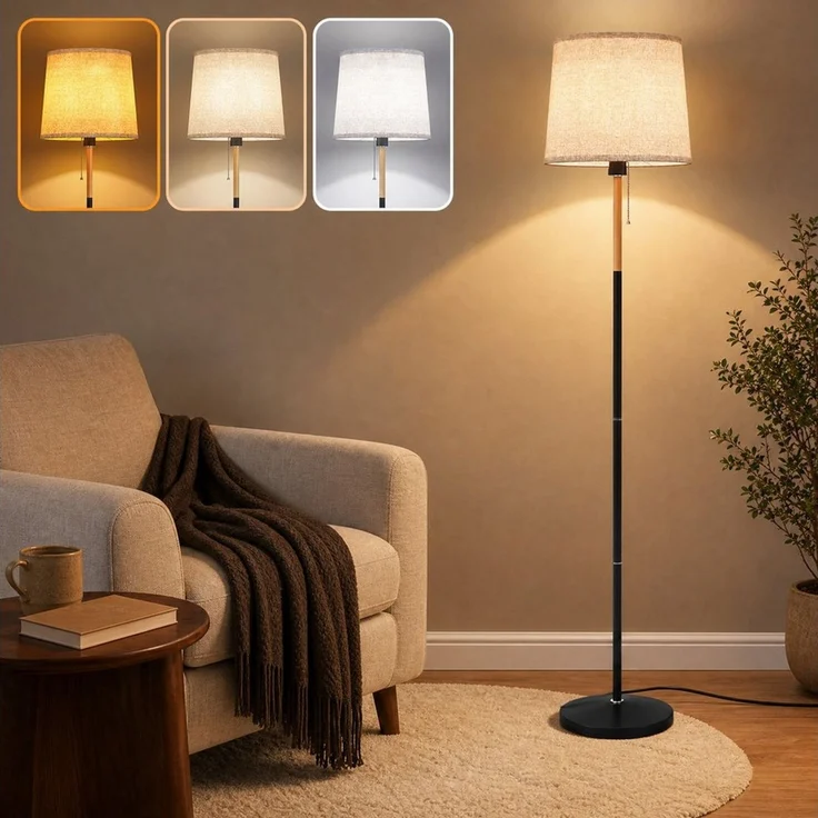 TLGREEN Stehlampe LED Stehleuchte, Wohnzimmerlampe, E27 Lampensockel, Max. 60W, mit 9W LED-Glühbirne, LED wechselbar, 170cm Höhe für Wohnzimmer, Schlafzimmer, Arbeitszimmer, Stehlampe Leinen Lampenschirm – Bild 1