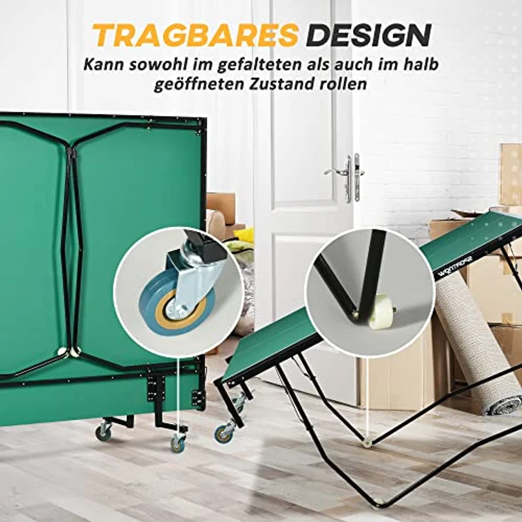 SPORTNOW Klappbarer Tischtennistisch, Indoor Tischtennisplatte mit Rollen, Set mit 2 Schlägern und 3 Bällen, Stahl, Grün, 274 x 152,5 x 76 cm – Bild 4