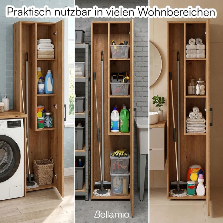 Bellamio 'Apol' Mehrzweckschrank schmal, Eichenoptik, 176x33x40 cm, Besenschrank mit Staubsaugerfach und 3 kleinen Fächern – Bild 7