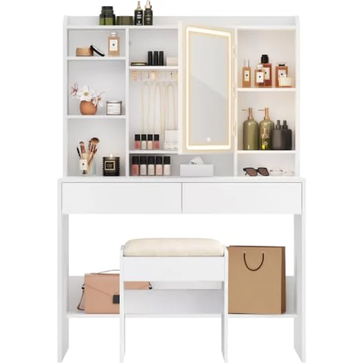 VASAGLE Schminktisch mit Beleuchtung und Hocker Set | Kosmetiktisch, Spiegel mit Ablage, Make-up Organizer, für Schlafzimmer, KAILYN Kollektion RDT123WB01-02 – Bild 1