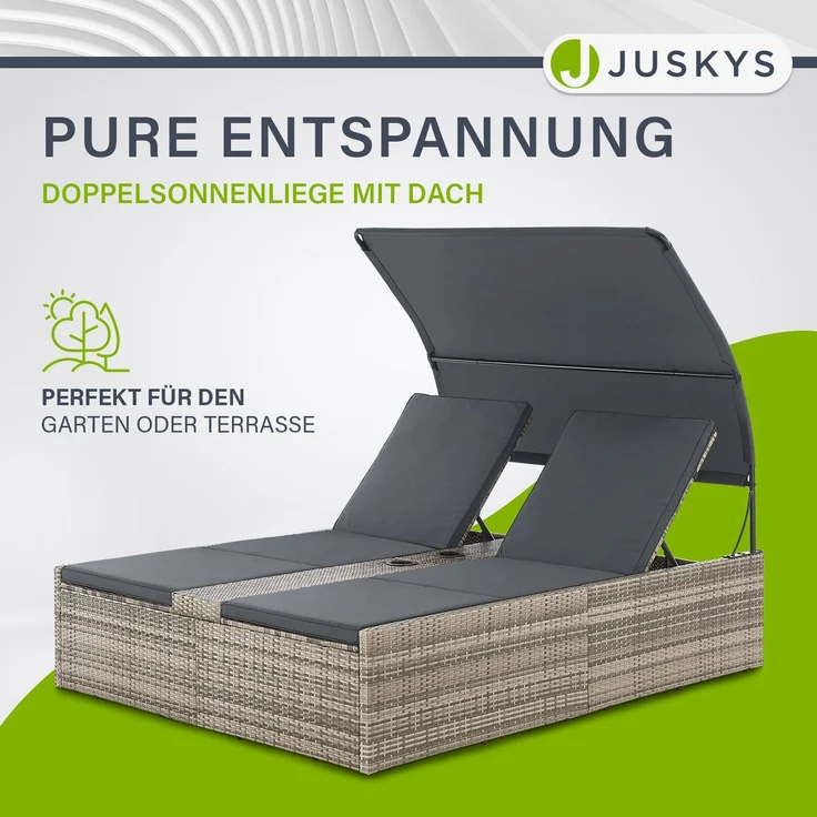 Juskys Polyrattan Doppelliege Syros - Garten Sonnenliege für 2 Personen - Outdoor Liege mit Dach & Auflagen - Kopfteil verstellbar - Grau-meliert – Bild 2