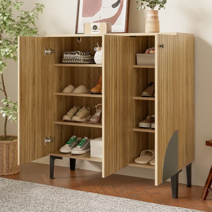 Schuhschrank in Holzoptik mit 3 Türen & Ablage, 90x32x94 cm, Holzfarbe, mit PVC-Beinen – Bild 4