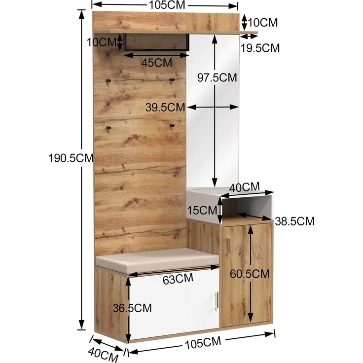 Garderobe Schuhschrank Flurmöbel 105 cm Weiß Holz - Mit Spiegel, Sitzbank, Haken & Stange, höhenverstellbar – Bild 10