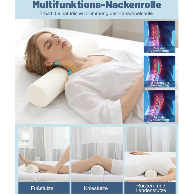 Nackenstš¹tzkissen Kopfkissen, 2 in 1 Kissen mit Nackenrolle, Ergonomisches Memory Foam Kissenbezug besteht aus 18% Elasthan und 82% Nylon – Bild 3