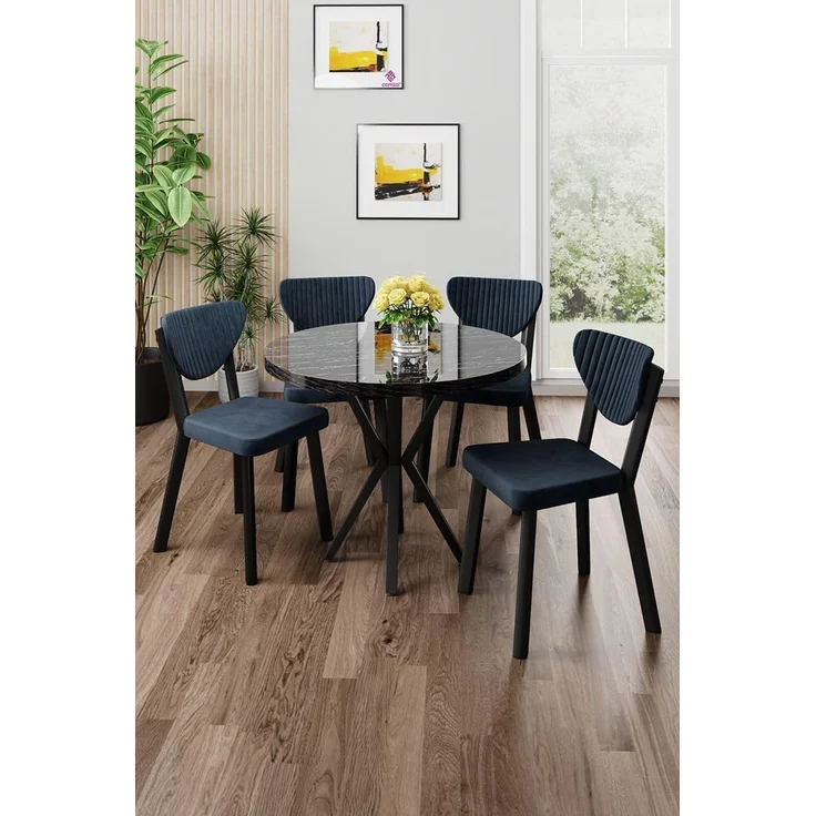 Modernes 5-teiliges Esszimmer-Set mit Tisch und Stühlen, schwarzer Marmor und Anthrazit, 100% melaminbeschichtet, Metallbeine, stilvoll und langlebig – Bild 2