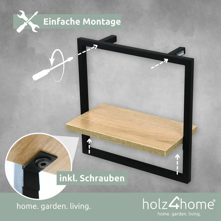 holz4home® Wandregal MDF Sonoma mit Metallrahmen Schwarz I Schweberegal Industrial Flair, inkl. Befestigungen – Bild 3