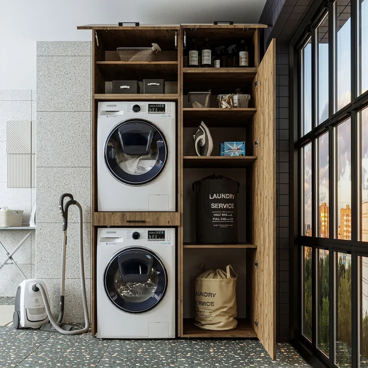Roomart Waschmaschinenschrank & Trocknerschrank – SERIE DUO-I- 127 cm breit - Trockner auf Waschmaschine – Waschturm / Überbauschrank für Waschküche & Hauswirtschaftsraum • Eiche – Bild 6