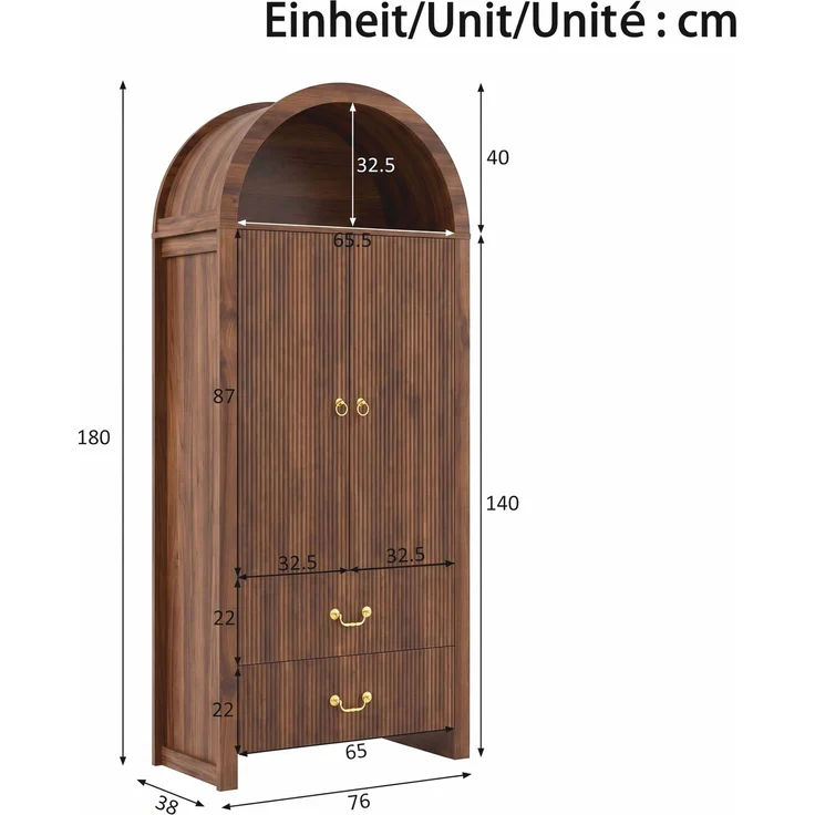 Hochschrank, B 76 x T 38 x H 180 cm, MDF und Spanplatte in Nussbaumoptik, mit LED-Beleuchtung – Bild 5