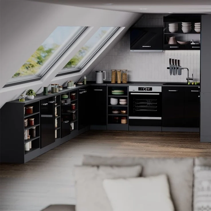 Küchenschrank für Dachschrägen R-Line Schwarz Hochglanz 80 cm mit 2 Türen, Schrankkorpus 60 cm Tiefe Vicco – Bild 6