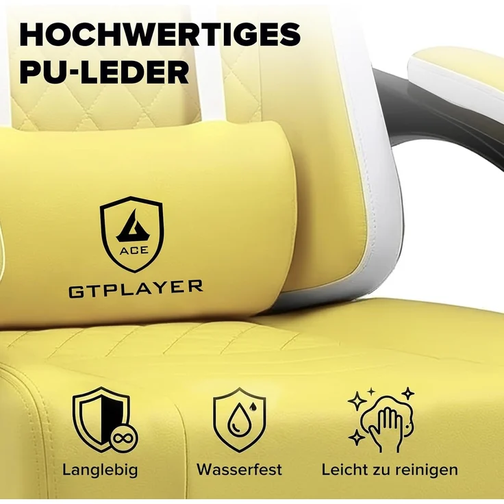 GTPLAYER Gaming Stuhl Ergonomischer Gaming Sessel Schreibtischstuhl Kunstleder, Federsitzkissen, Verbindungsarmlehnen und Fußstütze 150KG, gelb – Bild 6