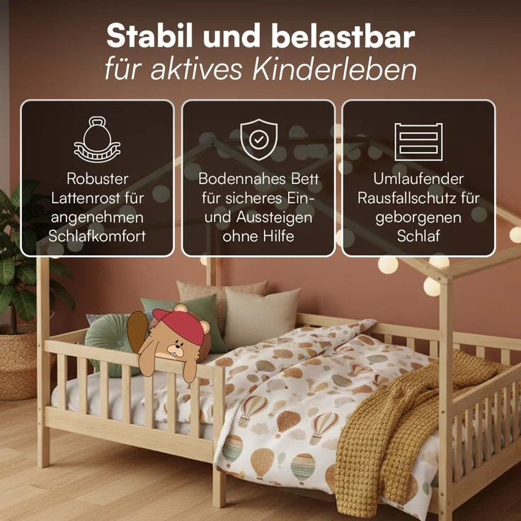 Bellabino 'Bia' Hausbett 140x200 cm, natur, Kiefer Massivholz, Montessori Kinderbett mit Rausfallschutz und Lattenrost – Bild 3