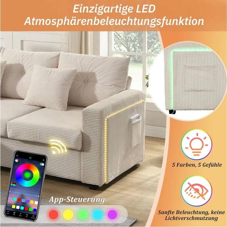 Merax 3-Sitzer L-förmiges Sofa mit LED-Beleuchtung, Wolkenweiches Sitzgefühl, Modulares Design, Cordstoff 1 Teile, 3-Sitzer Sofa mit Extra großer Ottoman, Seitentaschen & 2 Zierkissen – Bild 3