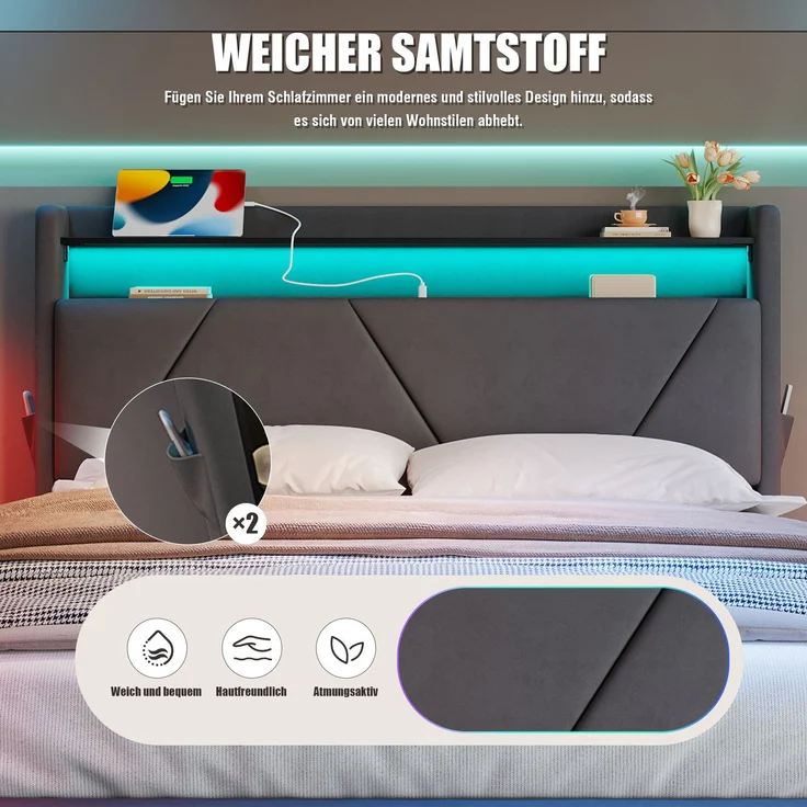Polsterbett, Samt mit LED & Stauraum, 222 x 149 x 116,5 cm, Dunkelgrau, ohne Matratze – Bild 7