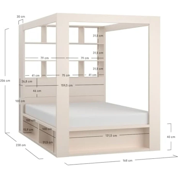 QMM TraumMöbel Himmelbett Calgary 160x200 weiß mit Lattenrost 2 Bettkasten, Regal (Einzelnes Möbelstück, Bett), mit Bettkasten und integriertem Bücherregal – Bild 3