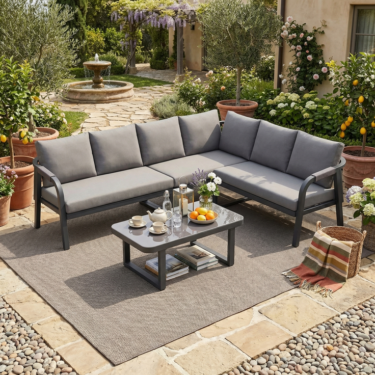 Merax Gartenmöbel-Set 6 Sitzer, Gartenlounge-Set Gartensofa mit Kissen und Tisch, Gartengarnitur Sofagarnitur Geflochten, Grau – Bild 2