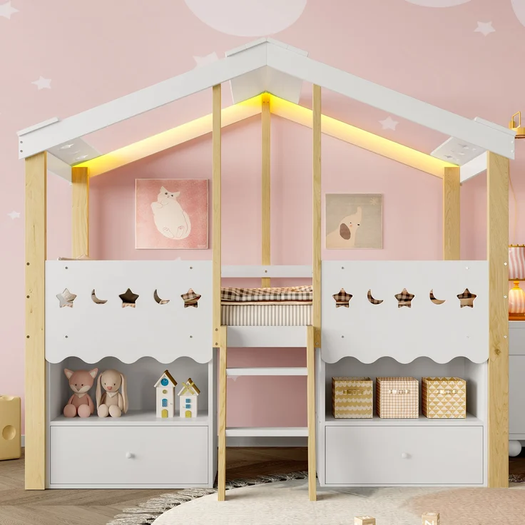 Bett in Hausform 90x200 cm mit LED-Beleuchtung und Schubladen – halbhohes Kinderbett aus Kiefernholz, Weiß/Natur – Bild 2