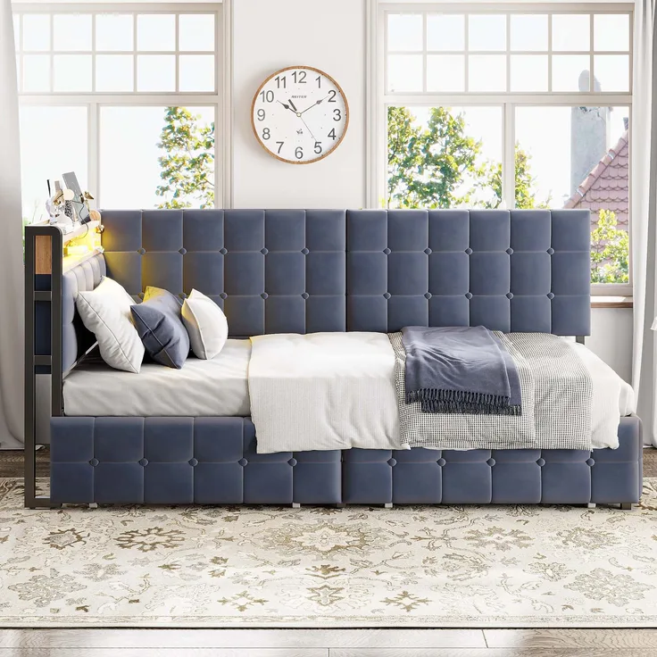 Schlafsofa mit 2 Schubladen, LED & USB-Anschluss, 90x200 cm, Grau, ohne Matratze