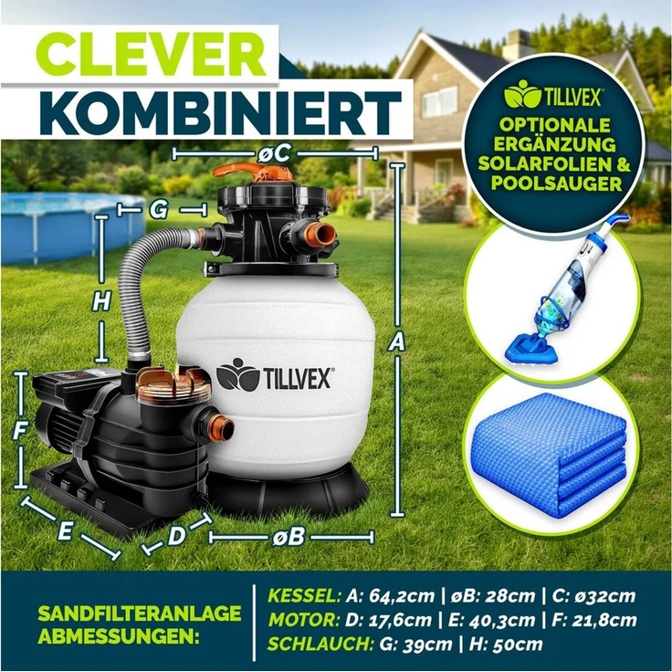 tillvex Sandfilteranlage 10 m³/h Filteranlage + 800g Filterbälle 7-Wege Ventil Poolfilter, Filterkessel mit Druckanzeige Sandfilter für Pool und Schwimmbecken – Bild 2
