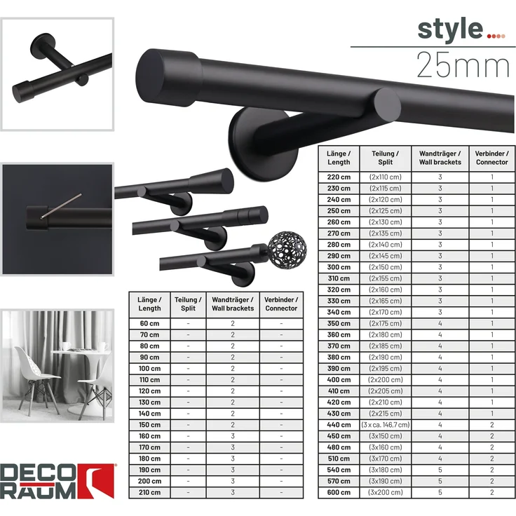 Deco-Raum® Gardinenstange 25mm 1-läufig Kappe | Länge: 250cm | Material: Metall | Farbe: Schwarz – Bild 4