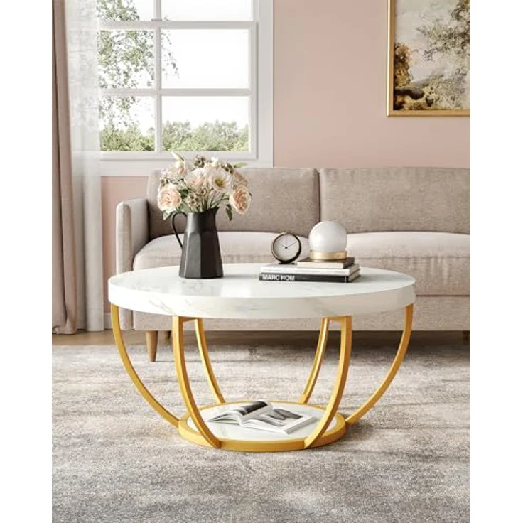 LITTLE TREE Runder Couchtisch, 81,3 cm, runder Couchtisch aus Kunstmarmor, für Wohnzimmer, 2-stöckige goldene Metallbeine, Akzent-Mitteltisch mit offenem Stauraum, modernes Design, Wohnmöbel (Weiß und – Bild 5