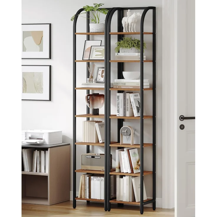Regal, Bücherregal, 7 Ebenen Standregal, DVD-Regal, Schmale Regale, Industriestil Büroregal, Metallrahmen für Wohnzimmer, Schlafzimmer, Küche, Vintagebraun-Schwarz – Bild 3