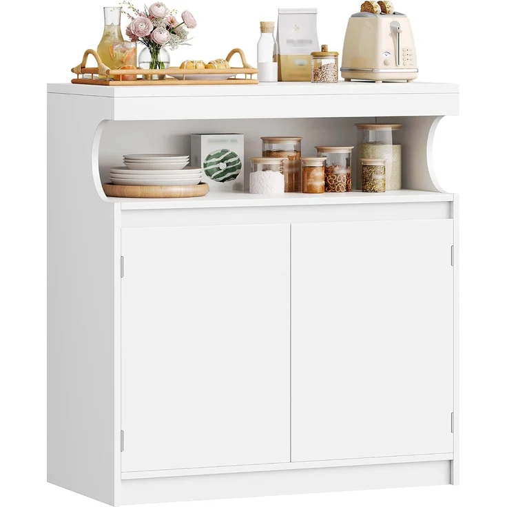 Sideboard, Küchenschrank mit 2 Türen, Buffetschrank mit Offener Fläche, Aufbewahrungsmöbel, verstellbare Einlegeböden, Küche, Wohnzimmer, 40 x 80 x 85 cm, Weiß – Bild 1