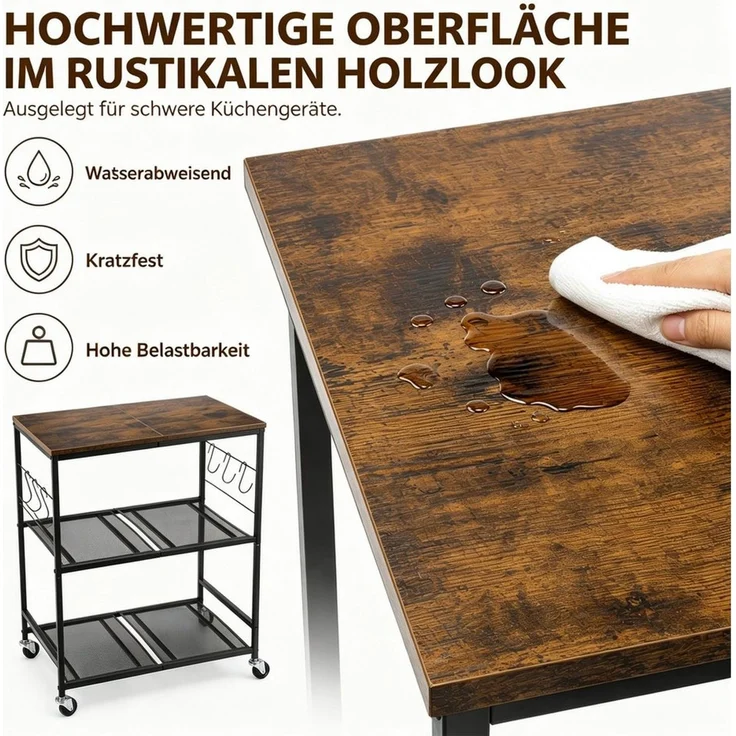 BlingBin Küchenwagen 3 Etagen Servierwagen mit 6 Haken, (1er Set, 1 St, 1tlg), 4 Rollen, Rollwagen für Küche, Aufbewahrungsregal für kleine Geräte – Bild 4