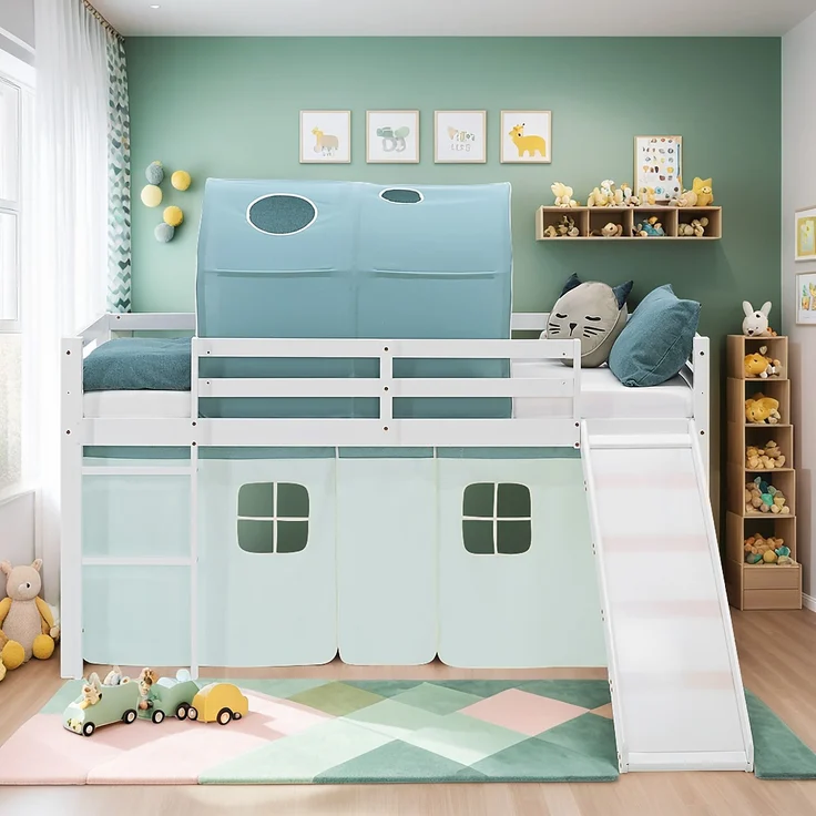 Hochbett Kinder 90x200 cm mit Rutsche Lattenrost Kinderbett Stockbett Vorhang Tunnel Grün Mintgrün Holz Massiv – Bild 2