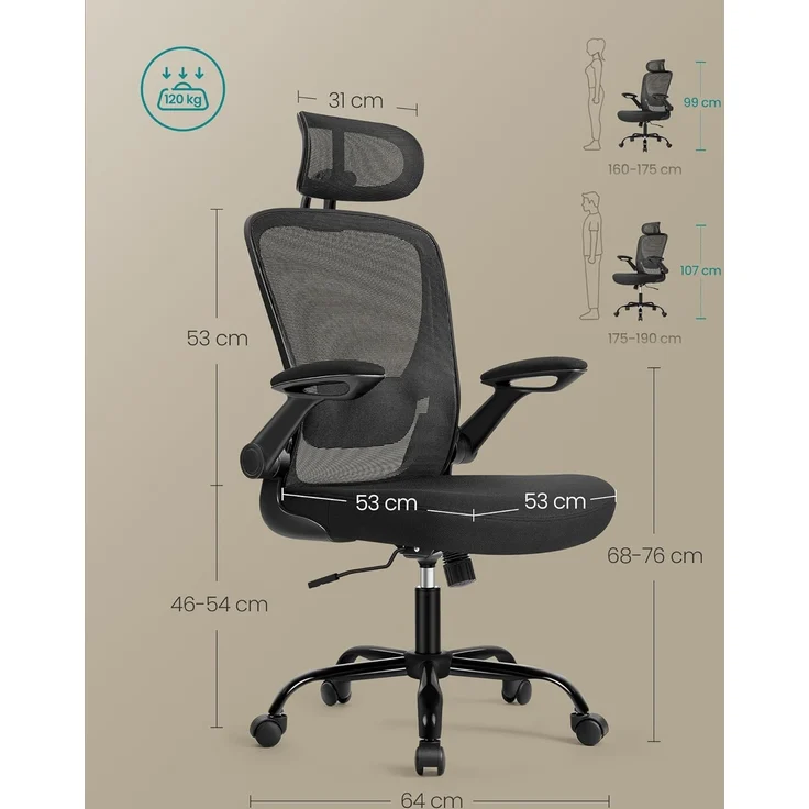 SONGMICS Bürostuhl ergonomisch, Schreibtischstuhl, Drehstuhl mit Mesh, gepolsterte Lendenstütze, Wippfunktion, 53 cm große Sitzfläche, klappbare Armlehnen, Kopfstütze, tintenschwarz OBN047B01 – Bild 3