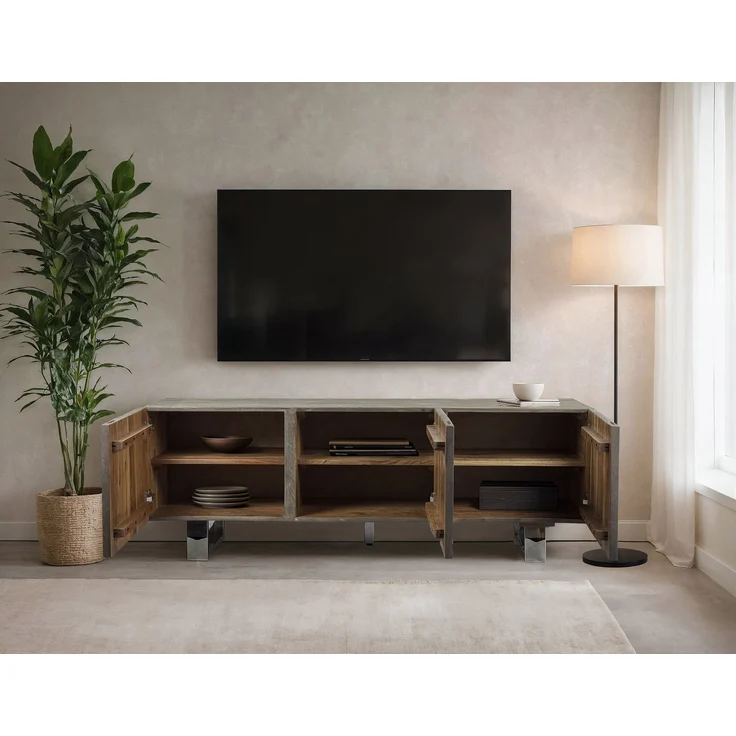FINEBUY Lowboard FB111428 TV Schrank 160 cm Smoked Grey Holz Massiv Fernsehkommode Grau (drei Türen, 160 cm, Akazie Massivholz Smoked Grey), TV-Schrank Modern Fernsehtisch, TV-Kommode Hoch – Bild 4