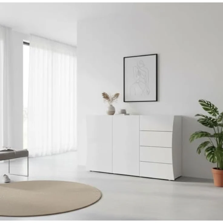 Dmora Modernes Sideboard, Design-Sideboard mit 2 Türen und 4 Schubladen, Made in Italy, TV-Ständer, Wohnzimmerbuffet, 124x40h82 cm, glänzend weiße Farbe – Bild 4