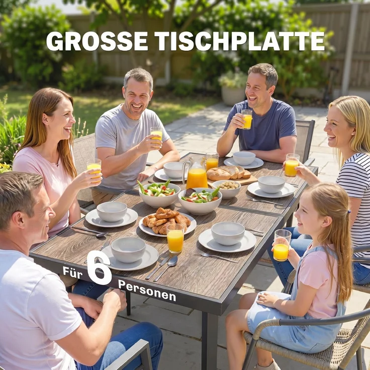 Outdoor-Tisch für 6 Personen, Holzoptik, Metallrahmen, wetterfest, 145 x 85 x 72 cm, grau--Grau--72x85x145cm--YOUDENOVA – Bild 8