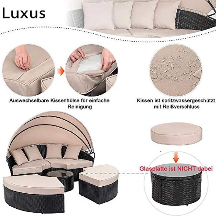 Melko Gartenlounge-Set Polyrattan Sonneninsel Tisch & Kissen 180CM Strandkorb Set, (Stück), Wasserabweisend – Bild 3