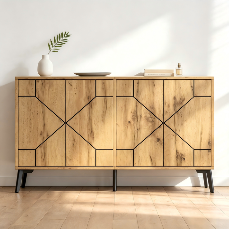 Merax Sideboard mit Wellenmuster, 4 Türen mit Rückprallmechanismus, Aufbewahrungsschrank, Holzfarbe