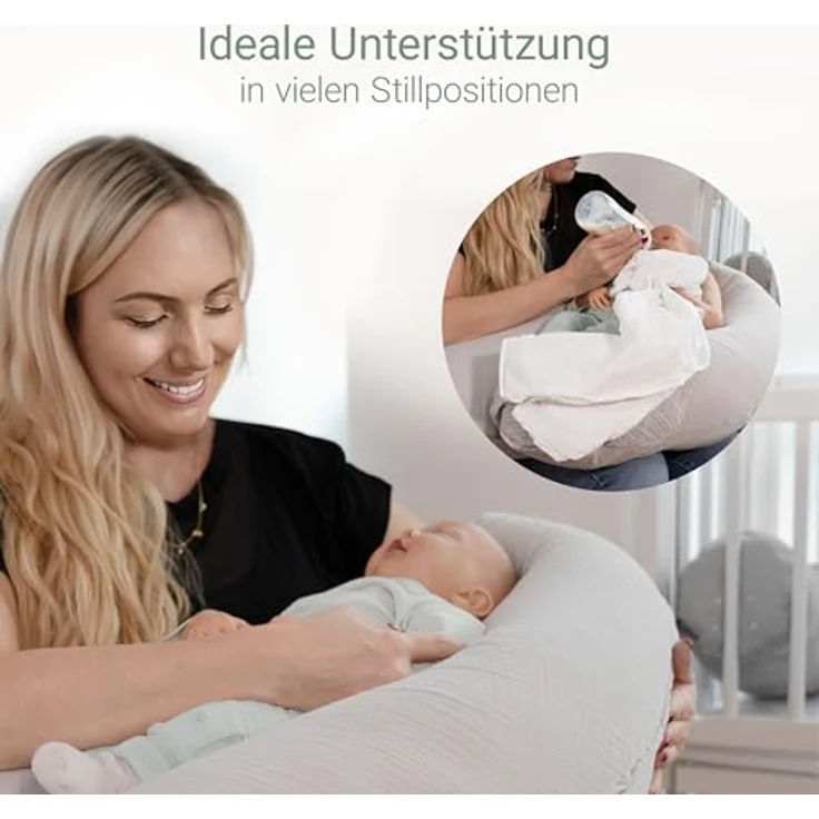 Theraline Dodo Premium Stillkissen, flexibles Lagerungs- und Stillkissen mit feiner Perlen-Füllung, 180 cm, Musselin Bezug in Nebelgrau – Bild 5