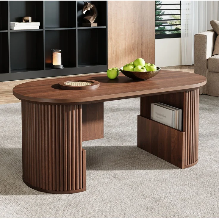 Ovaler Couchtisch aus MDF mit Ablagefächern, 105x50x46,5 cm, Walnuss – Bild 2