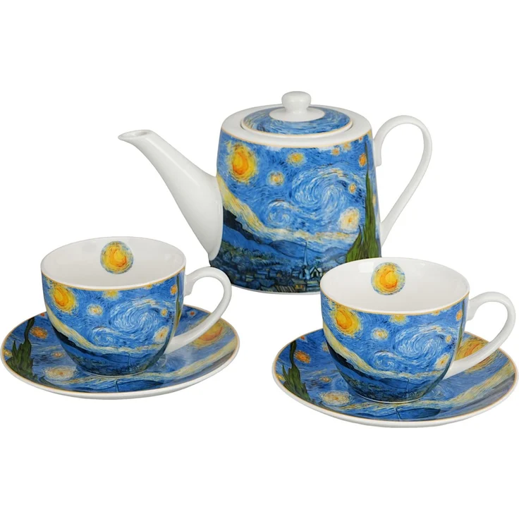 DUO ART GALLERY Teekanne mit 2 Tassen und Teesieb STARRY NIGHT inspired by Van Gogh, New Bone China Porzellan – Bild 1